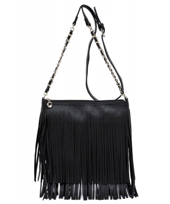Faux Leather Fringe Hand Bag E031 BLACk